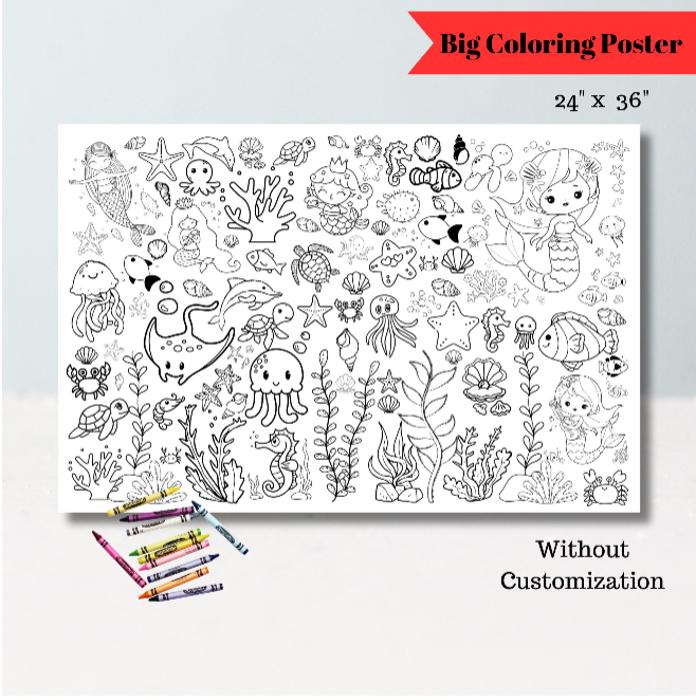 24x36" Personalized Mermaid Coloring Page | Cute Bedroom Decor or Gift