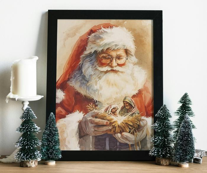 Watercolor Santa Holding a Nativity Art Print | Multiple Sizes