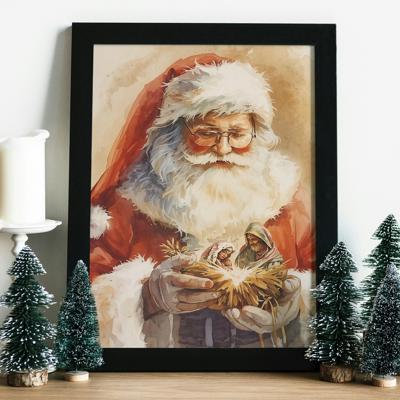 Watercolor Santa Holding a Nativity Art Print | Multiple Sizes