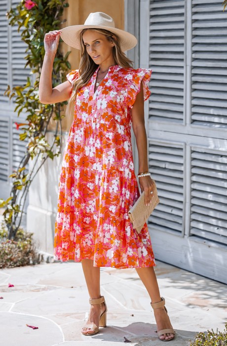 MINI FLOWER TIERED RUFFLE MIDI DRESS
