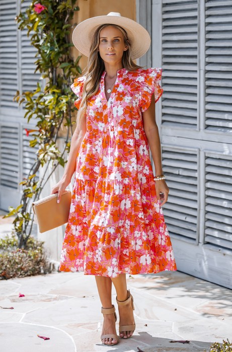 MINI FLOWER TIERED RUFFLE MIDI DRESS
