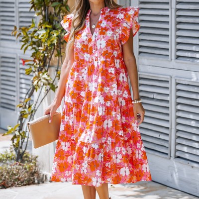 MINI FLOWER TIERED RUFFLE MIDI DRESS