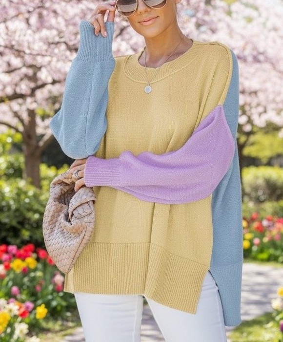 COLOR BLOCK DROPPED SHOULDER SWEATER