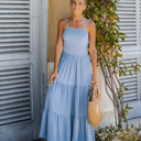 Small Dusty Blue SMOCKED TIERED MIDI DRESS