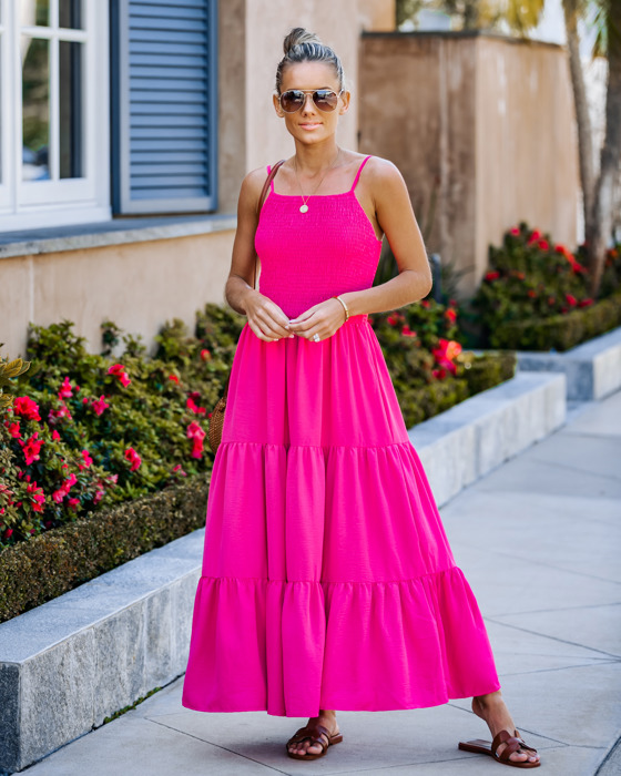SMOCKED TIERED MIDI DRESS