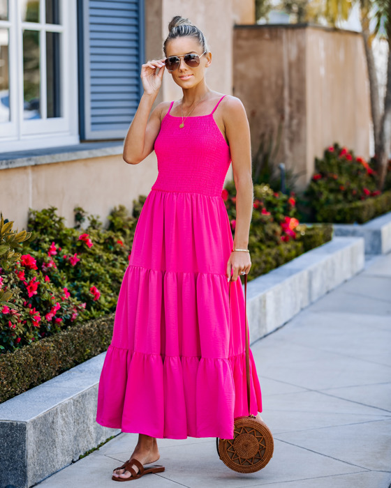 SMOCKED TIERED MIDI DRESS