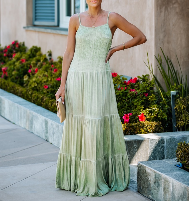 SMOCKED TIERED MIDI DRESS