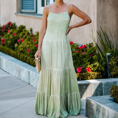 SMOCKED TIERED MIDI DRESS