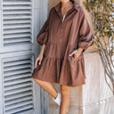 Large Chicory Coffee PUFF SLEEVES OVERSIZED MINI DRESS WITH POCKETS