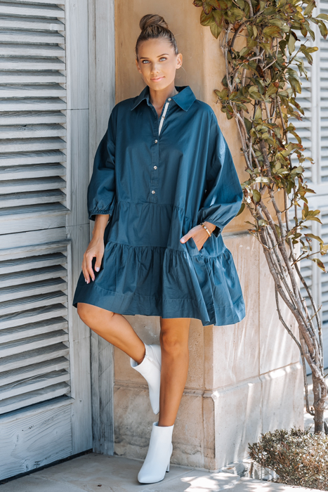 PUFF SLEEVES OVERSIZED MINI DRESS WITH POCKETS