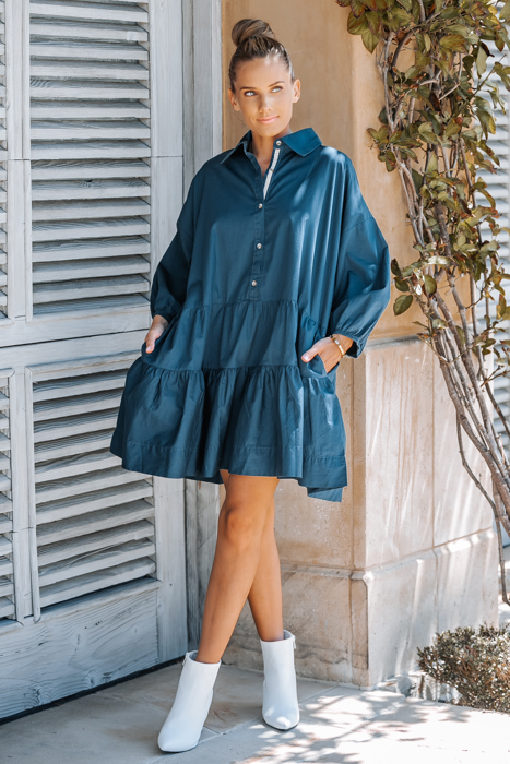 PUFF SLEEVES OVERSIZED MINI DRESS WITH POCKETS