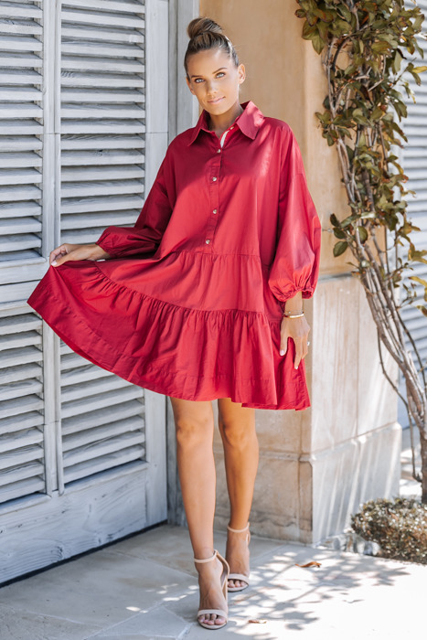 PUFF SLEEVES OVERSIZED MINI DRESS WITH POCKETS