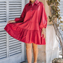 Large Viva Magenta PUFF SLEEVES OVERSIZED MINI DRESS WITH POCKETS