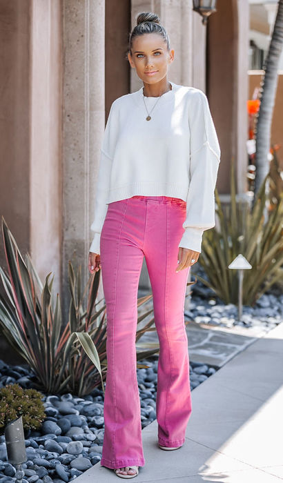 Washed Elastic Waist Flare Pants
