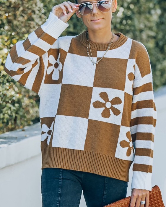 FLORAL PRINT ROUND NECK SWEATER