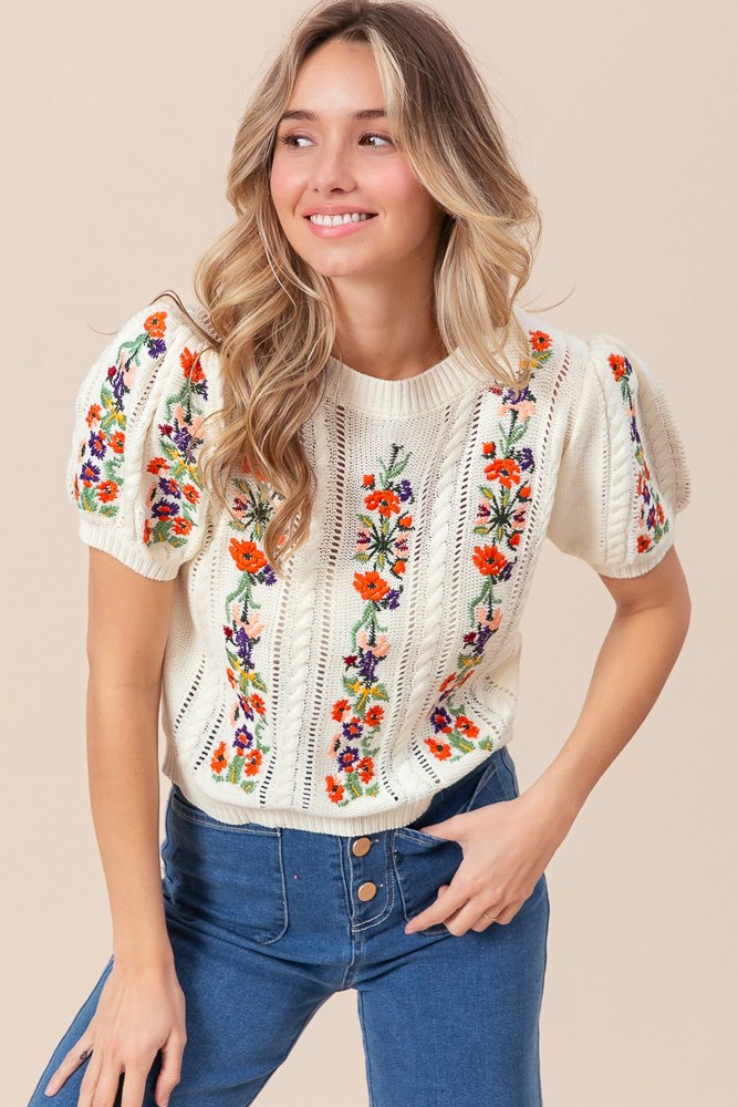 Viviana Flower Embroidered Short Sleeve Sweater