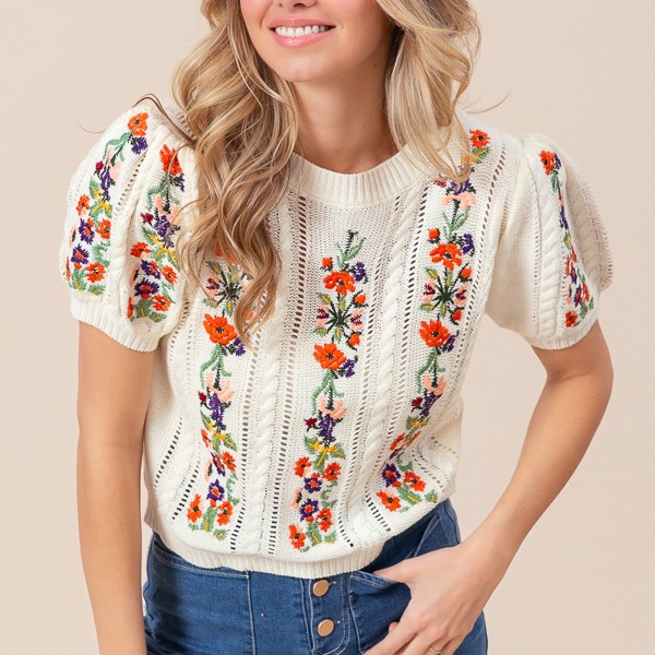 Viviana Flower Embroidered Short Sleeve Sweater