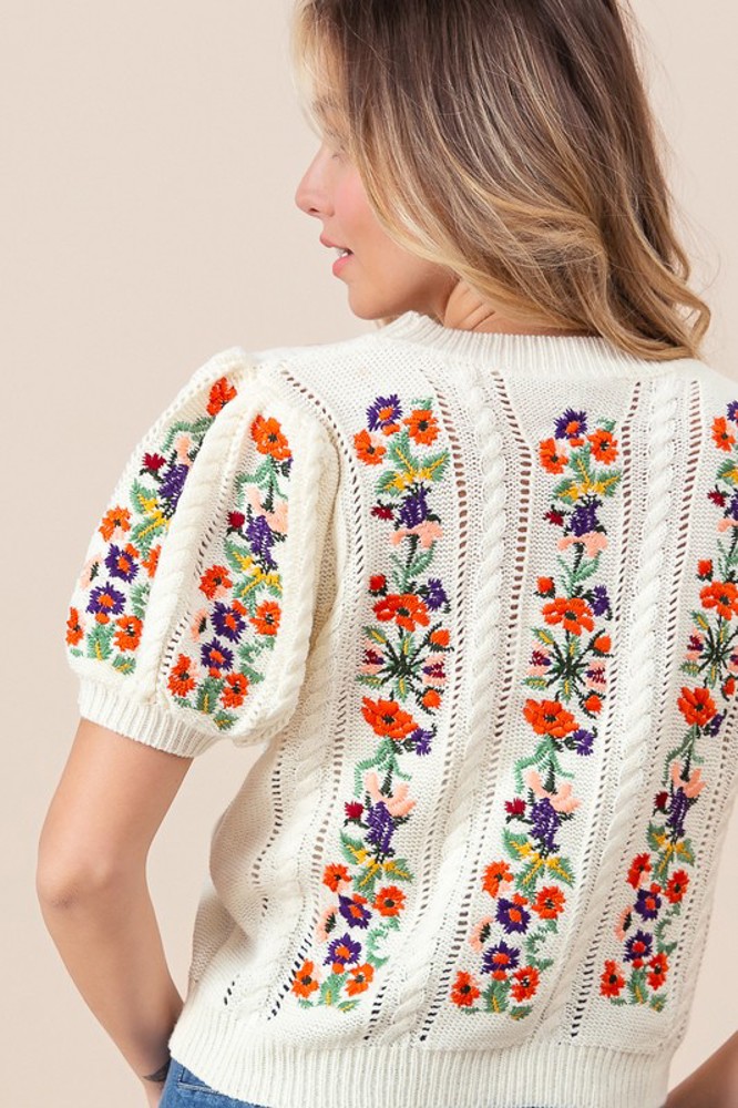 Viviana Flower Embroidered Short Sleeve Sweater