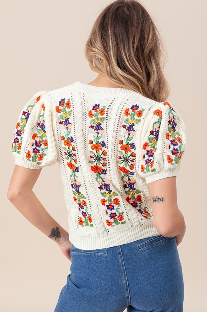 Viviana Flower Embroidered Short Sleeve Sweater