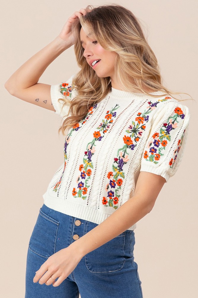 Viviana Flower Embroidered Short Sleeve Sweater