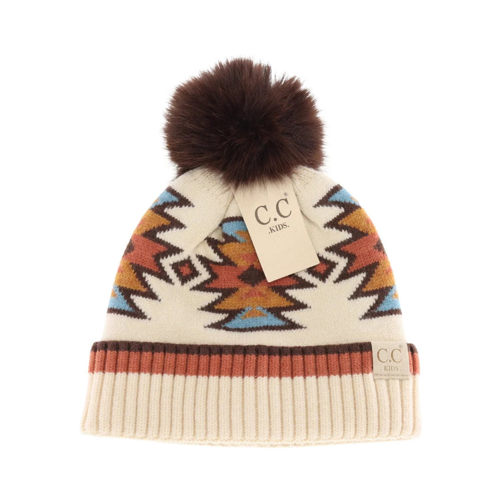 KIDS Southwestern Faux Fur Pom C.C Beanie