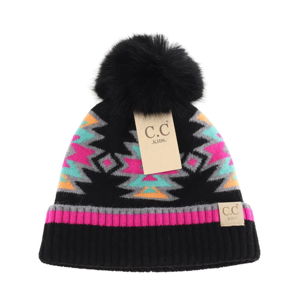 KIDS Southwestern Faux Fur Pom C.C Beanie