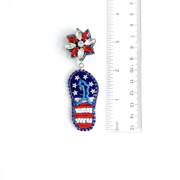 Patriotic Flip Flop Earrings – Red, White & Blue Beaded Summer Jewelry | Patriotic Bow Earrings | Patriotic Statement Earrings | USA Themed Earrings | July 4th Earrings | Red White & Blue Earrings 