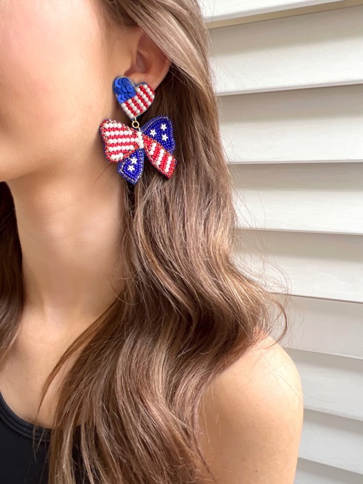 Patriotic Bow Earrings | Patriotic Statement Earrings | USA Themed Earrings | July 4th Earrings | Red White & Blue Earrings | Patriotic Theme Seed Bead Earrings | America Theme Earrings
