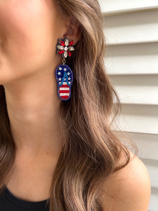 Patriotic Flip Flop Earrings – Red, White & Blue Beaded Summer Jewelry | Patriotic Bow Earrings | Patriotic Statement Earrings | USA Themed Earrings | July 4th Earrings | Red White & Blue Earrings 