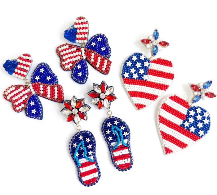 Patriotic Heart Beaded Earrings | Patriotic Bow Earrings | Patriotic Statement Earrings | USA Themed Earrings | July 4th Earrings | Red White & Blue Earrings | America Heart Earrings