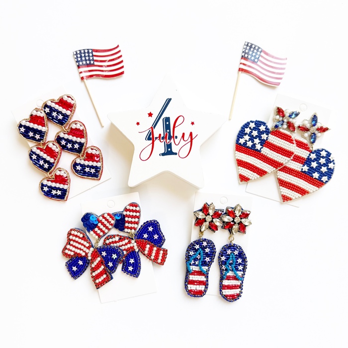 Patriotic Flip Flop Earrings – Red, White & Blue Beaded Summer Jewelry | Patriotic Bow Earrings | Patriotic Statement Earrings | USA Themed Earrings | July 4th Earrings | Red White & Blue Earrings 