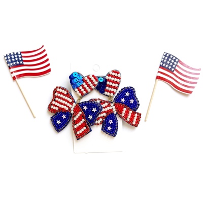 Patriotic Bow Earrings | Patriotic Statement Earrings | USA Themed Earrings | July 4th Earrings | Red White & Blue Earrings | Patriotic Theme Seed Bead Earrings | America Theme Earrings