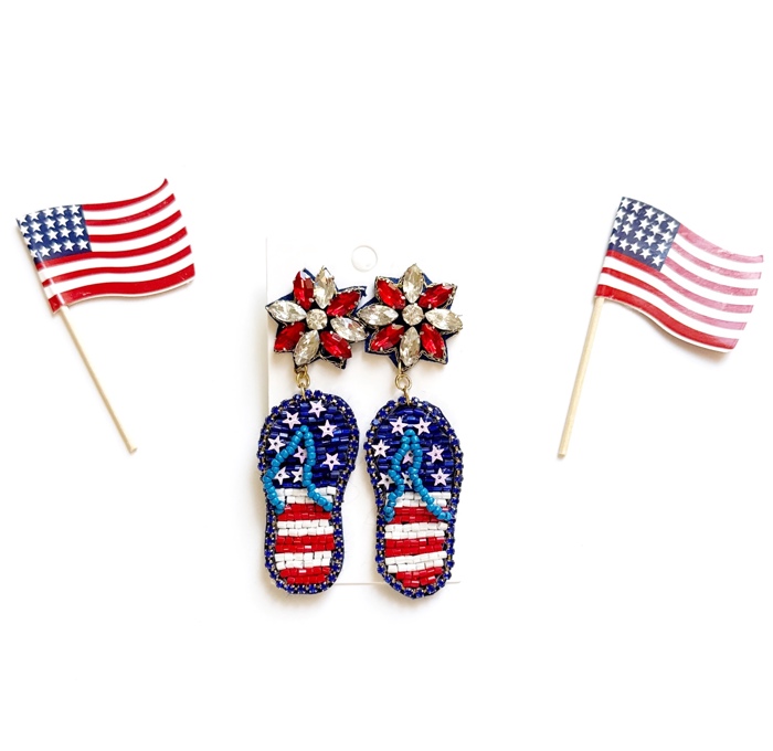 Patriotic Flip Flop Earrings – Red, White & Blue Beaded Summer Jewelry | Patriotic Bow Earrings | Patriotic Statement Earrings | USA Themed Earrings | July 4th Earrings | Red White & Blue Earrings 