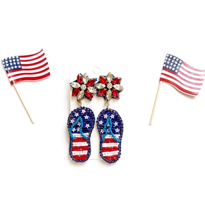 Patriotic Flip Flop Earrings – Red, White & Blue Beaded Summer Jewelry | Patriotic Bow Earrings | Patriotic Statement Earrings | USA Themed Earrings | July 4th Earrings | Red White & Blue Earrings 