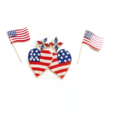 Patriotic Heart Beaded Earrings | Patriotic Bow Earrings | Patriotic Statement Earrings | USA Themed Earrings | July 4th Earrings | Red White & Blue Earrings | America Heart Earrings