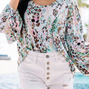 Brown/Bl/Pink Medium Botanical Print Blouse| S-XL