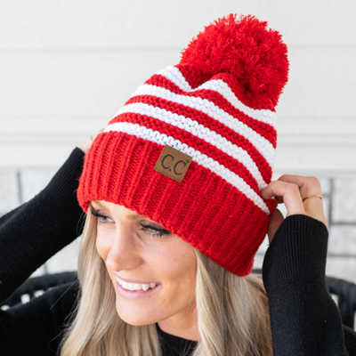 C.C® Chunky Knit Striped Pom Beanie by Truly Contagious