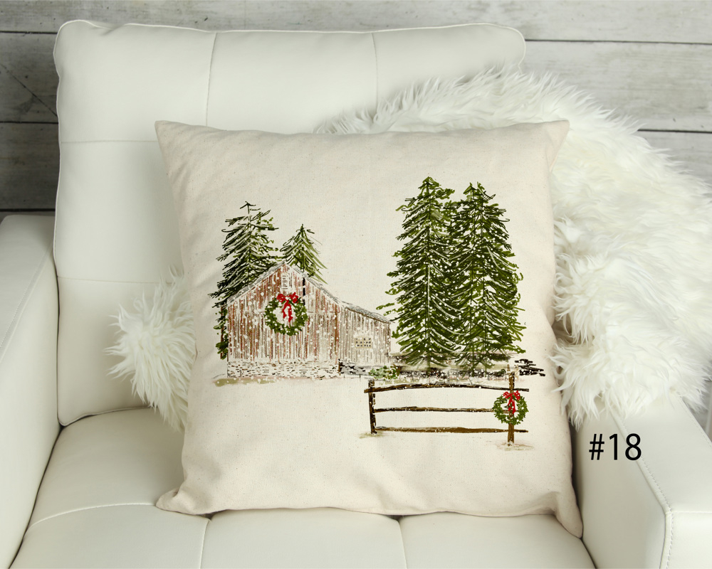 Christmas Barn with wreath- 18x18 inch pillow cover #18