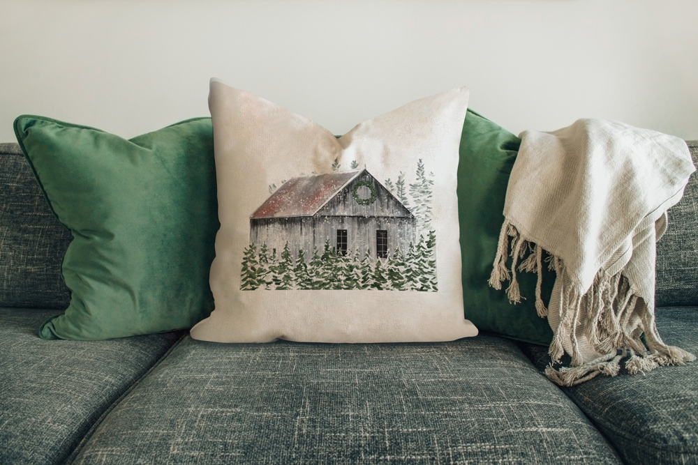 Gray Barn with Trees Pillow Cover 18x18 inch