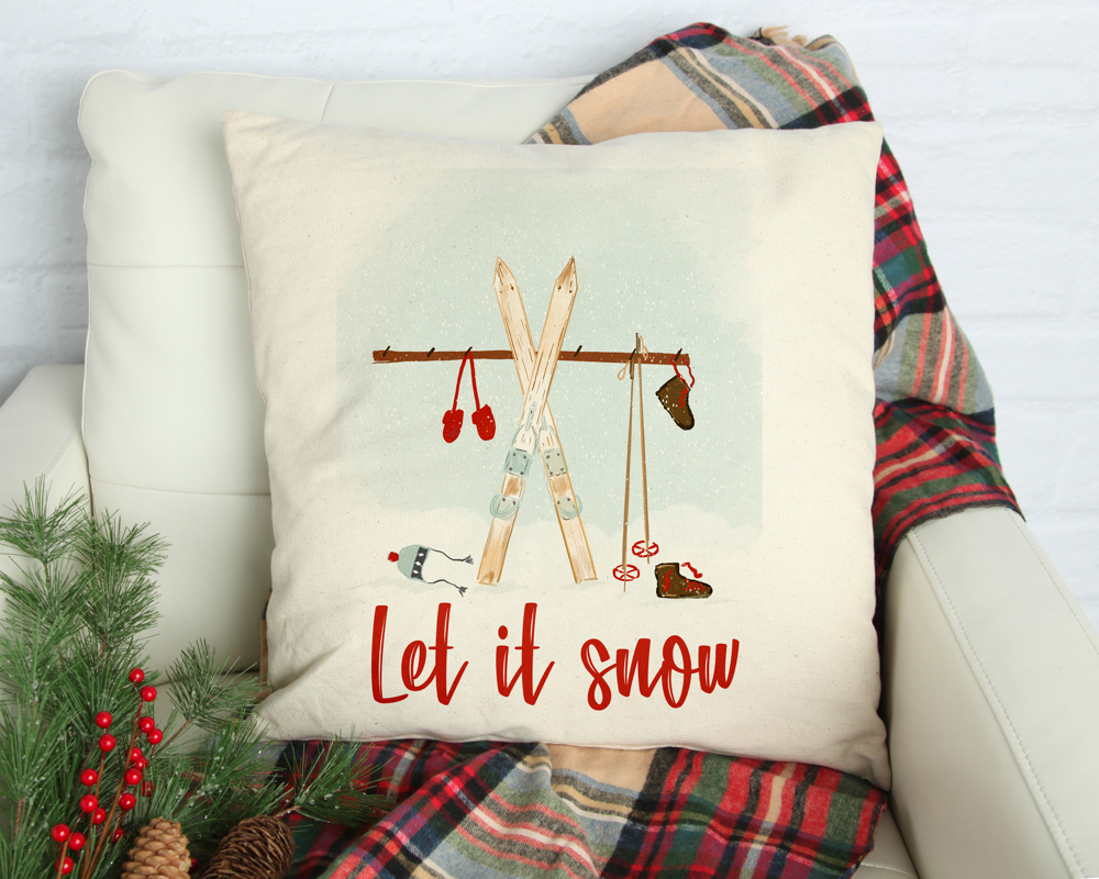 Let it snow- with skis- 18x18 inch pillow cover