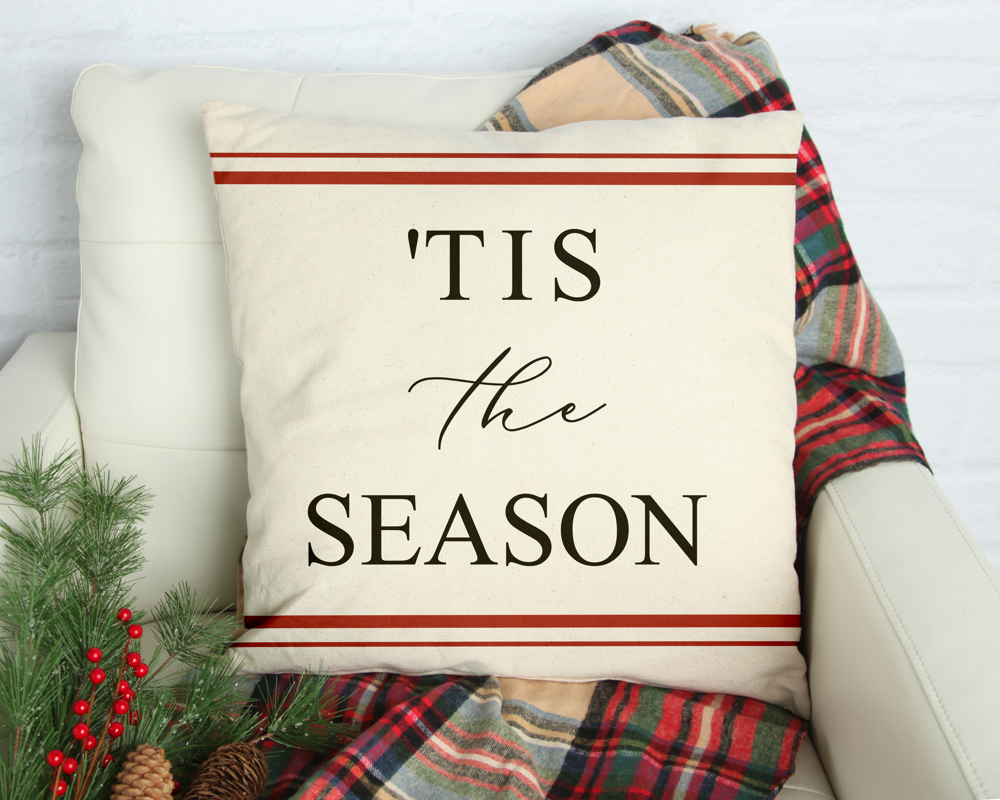 Tis the season- red farmhouse stripes- 18x18 inch pillow cover