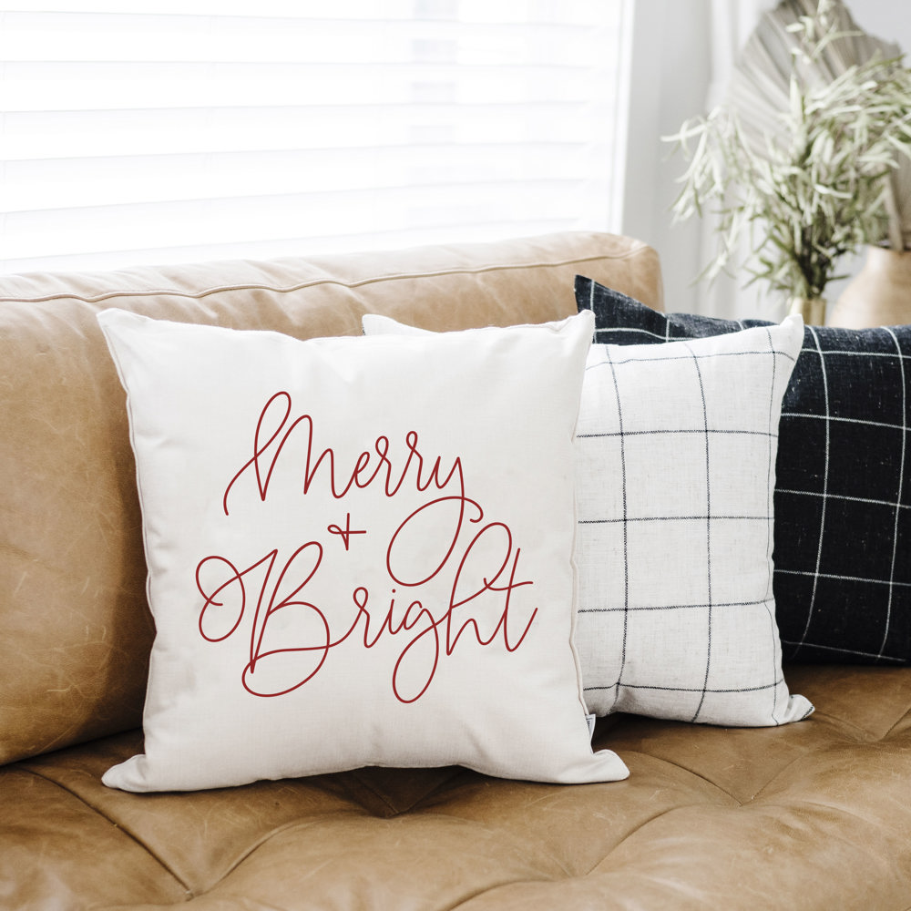 Merry and Bright Cursive Pillow Cover 18x18 inch