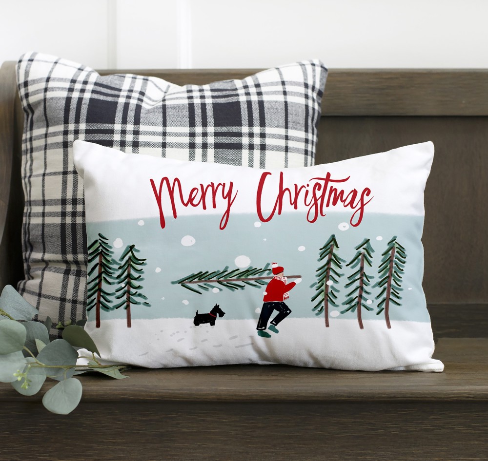 Merry Christmas with Man Carrying Tree- 12x20 inch pillow cover #24