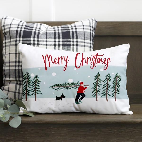 Merry Christmas with Man Carrying Tree- 12x20 inch pillow cover #24