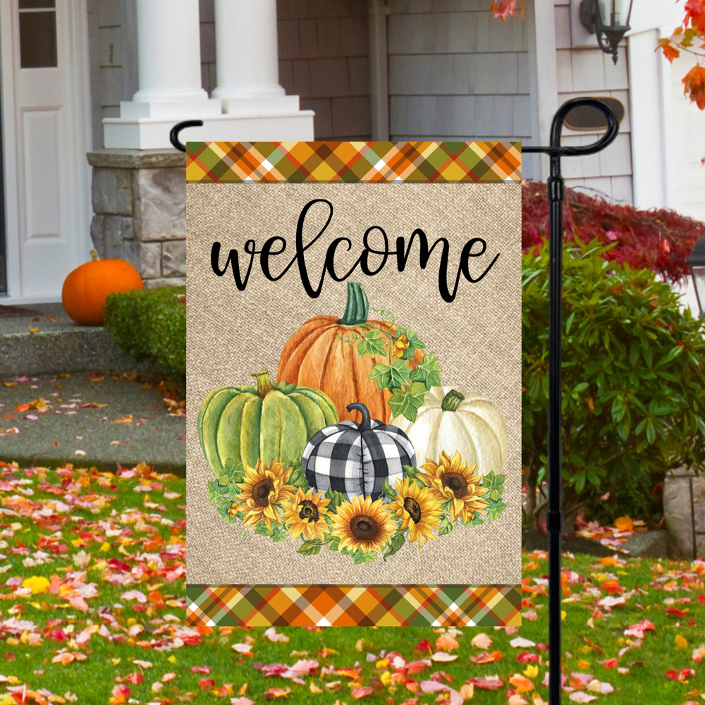 Welcome Orange Plaid Garden Flag 12x18 inch