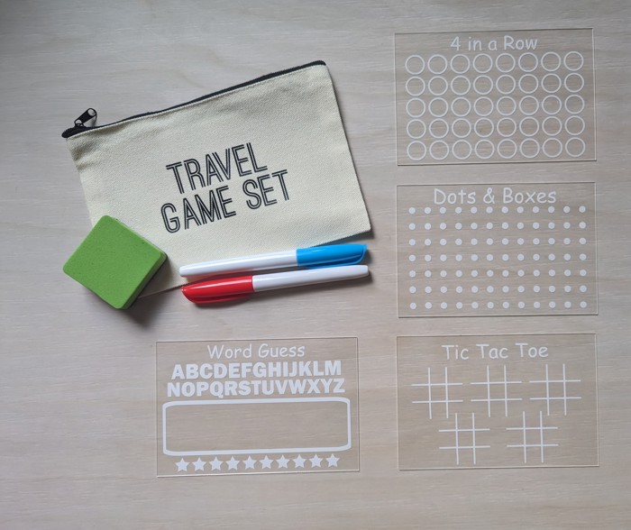 Reusable Travel Game Set for Kids: 4 Game Boards with Dry Erase Markers