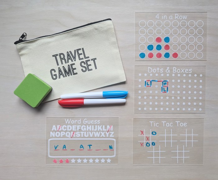Reusable Travel Game Set for Kids: 4 Game Boards with Dry Erase Markers