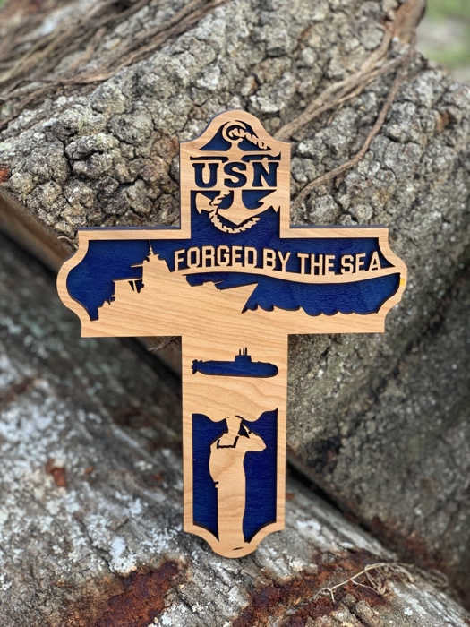 US Navy “Forged by the Sea” Wooden Cross — Laser Cut Military Wall Decor