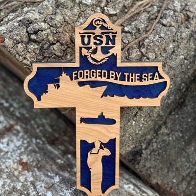US Navy “Forged by the Sea” Wooden Cross — Laser Cut Military Wall Decor