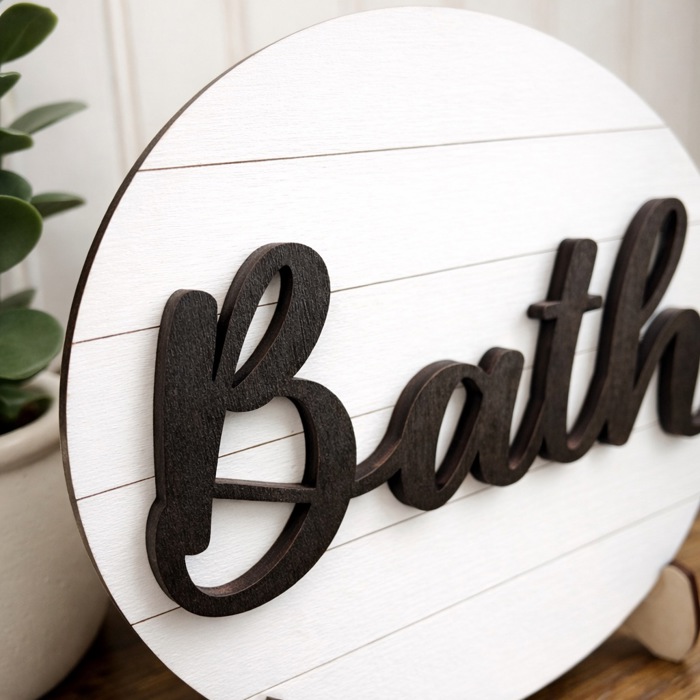 Bath Sign Bathroom Decor | Farmhouse Bathroom Sign | Round Wood Bath Sign | Bathroom Shelf Decor | Rustic Modern Bathroom Decoration